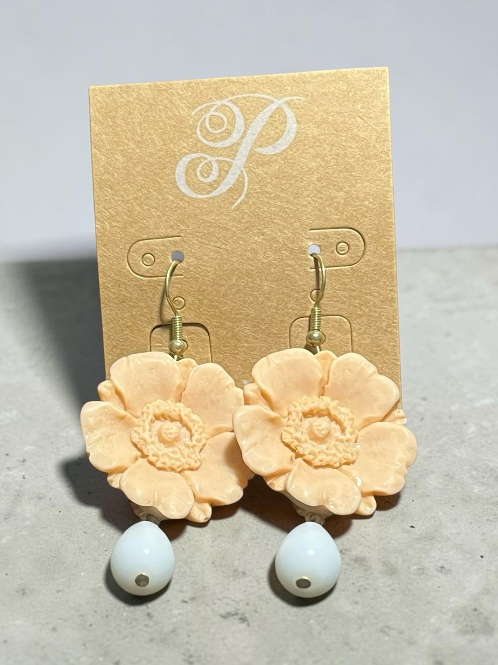 Plunder Peach Floral Drop Earrings with White Bead